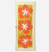 A rectangular beach towel with a cream border and a central yellow panel featuring three large orange-red hibiscus flowers with white centers, shown flat against a light gray background.