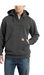 A man wearing a black Carhartt Rain Defender heavyweight quarter-zip hoodie with the brand logo visible on the chest.
