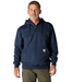 A man wearing a navy blue Carhartt quarter-zip pullover hoodie with a drawstring hood and a front kangaroo pocket, paired with olive green pants, against a plain white background.