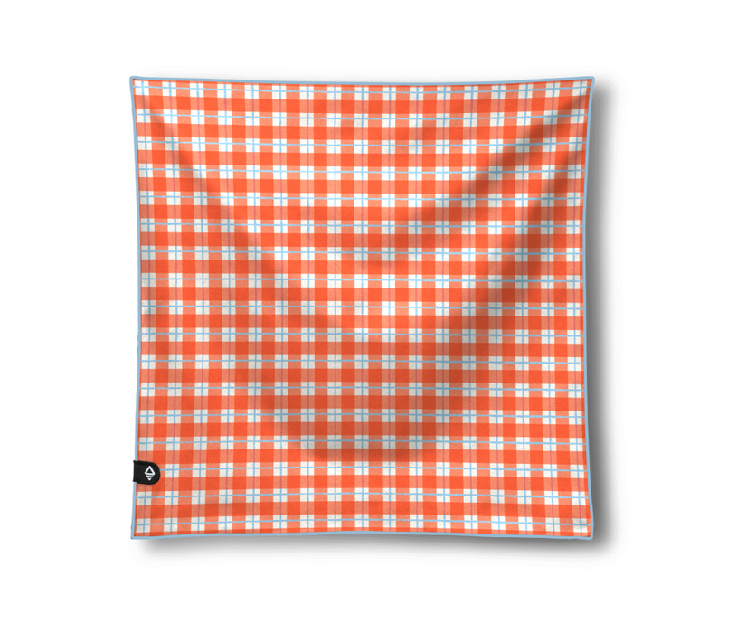 A square scarf featuring a white and orange gingham checkered pattern with a thin light blue border, displayed on a clean white background with a soft drop shadow.
