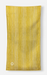 A yellow and white vertically striped fabric item, likely a towel or scarf, featuring a small white geometric logo near the bottom left, shown against a light gray background.