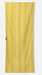 A yellow and white vertically striped cotton beach towel with a small black brand tag on the left side, shown against a light gray background.