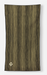 A rectangular scarf with vertical black and gold stripes, featuring a small gold geometric emblem in the bottom-left corner, displayed against a light gray background.
