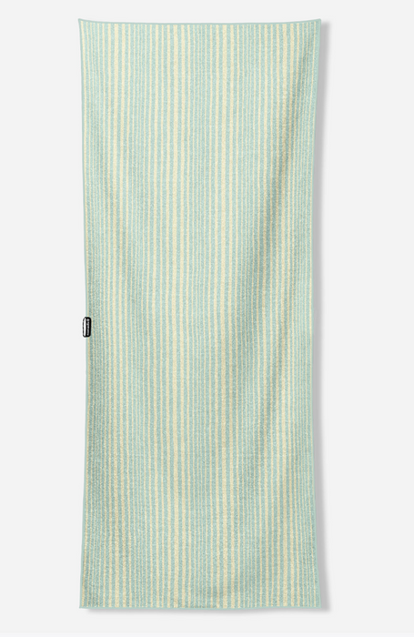 A long rectangular towel with vertical stripes in pale mint green and cream, shown hanging flat against a light gray background.
