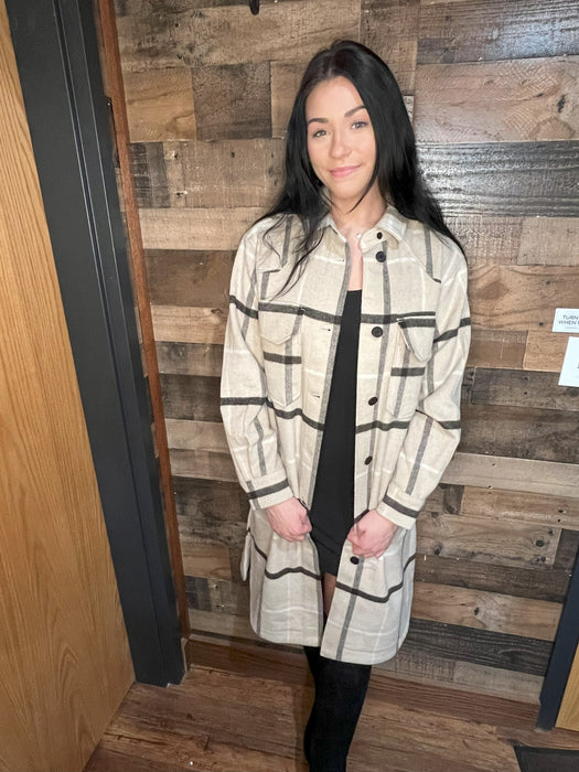 The Normal Brand Toni Duster - Women's Long Wool Plaid Jacket in Creme