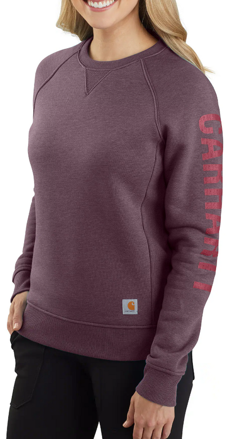 Crane s Country Store Carhartt Women s Relaxed Fit Midweight Crewneck Logo Sleeve Graphic Sweatshirt 104410 Out of Season Colors Blackberry Heather V27 XL