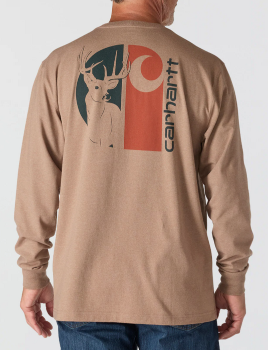 Carhartt Men's Heavyweight Long-Sleeve Deer Graphic T-Shirt - Loose Fit Work Tee 107041