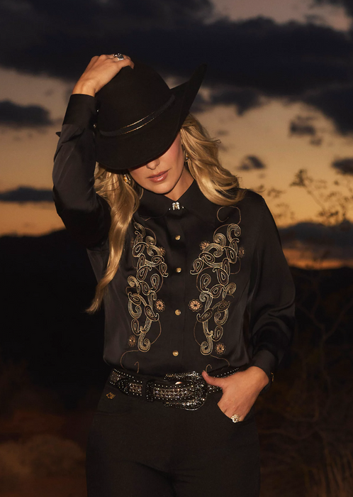 Wrangler x Lainey Wilson Satin Embroidered Western Snap Shirt - Black