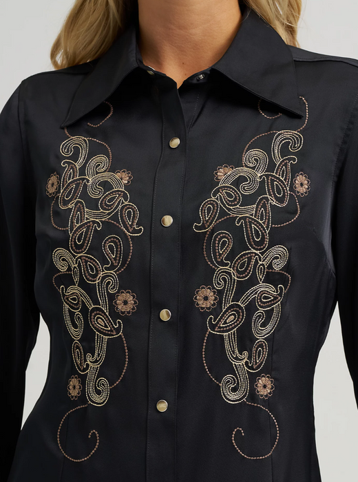 Wrangler x Lainey Wilson Satin Embroidered Western Snap Shirt - Black