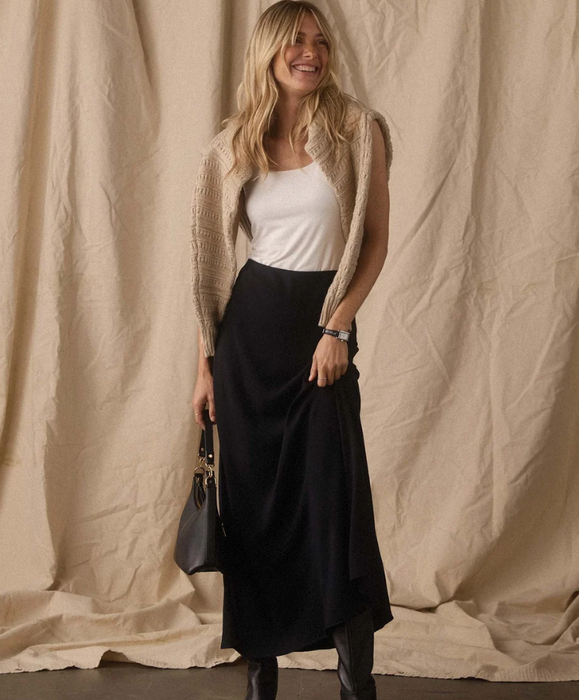 Rose High-Rise Bias-Cut Midi Skirt in Black
