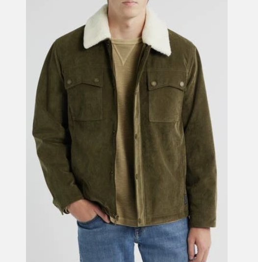 Person wearing a green jacket with white fur collar on a plain background