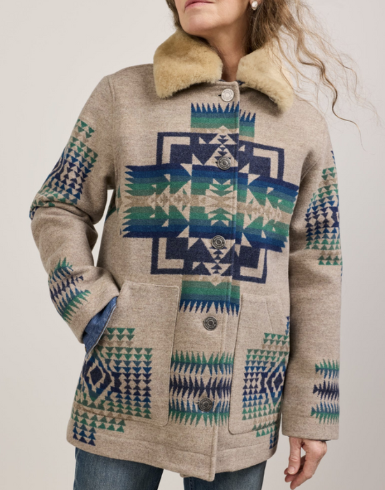 Pendleton Women's Brownsville Shearling Collar Wool Coat – Tan Chief Joseph