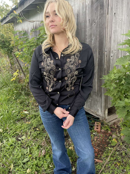 Wrangler x Lainey Wilson Satin Embroidered Western Snap Shirt - Black