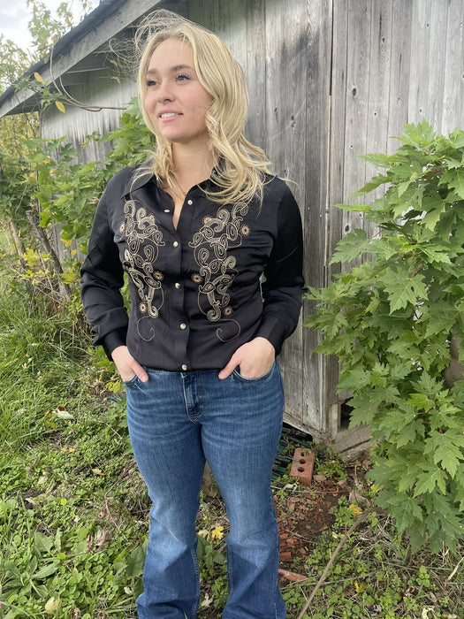 Wrangler x Lainey Wilson Satin Embroidered Western Snap Shirt - Black