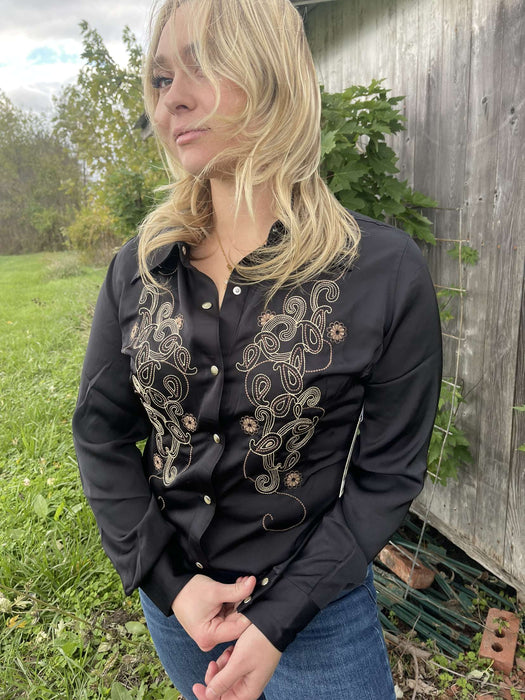 Wrangler x Lainey Wilson Satin Embroidered Western Snap Shirt - Black