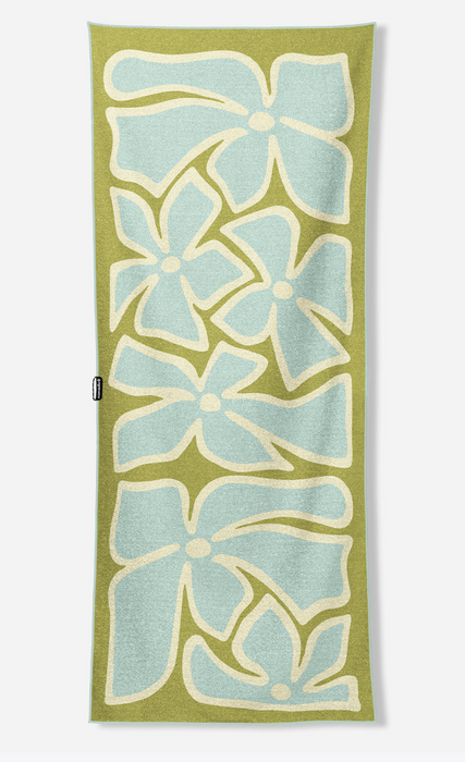 A rectangular woven textile with a vertical olive green background and large light blue floral motifs outlined in cream, shown flat against a light gray background.