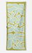 A rectangular woven textile with a vertical olive green background and large light blue floral motifs outlined in cream, shown flat against a light gray background.