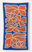 A rectangular blue towel with a bold pattern of orange flowers outlined in white, shown flat against a light gray background.